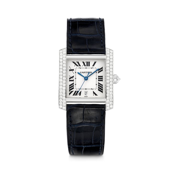 CARTIER. AN 18K WHITE GOLD AND DIAMOND-SET AUTOMATIC WRISTWATCH WITH SWEEP CENTRE SECONDS AND DATE TANK FRANÇAISE MODEL, REF. 2366, CASE NO. MG266875