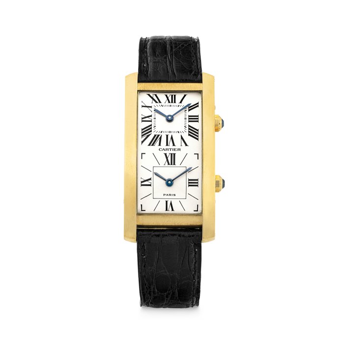 CARTIER. AN 18K GOLD RECTANGULAR DUAL TIME WRISTWATCH TANK CINTRÉE MODEL, CASE NO. A106043