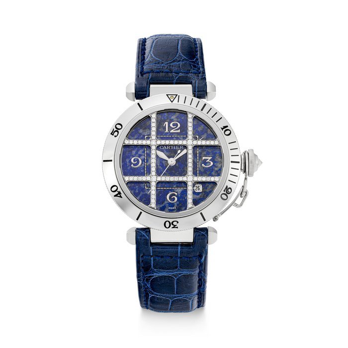 Cartier CARTIER. AN ATTRACTIVE 18K WHITE GOLD AND DIAMOND-SET AUTOMATIC WRISTWATCH WITH SWEEP CENTRE SECONDS, DATE AND LAPIS LAZULI DIAL PASHA DE CARTIER MODEL, CASE NO. MG246928