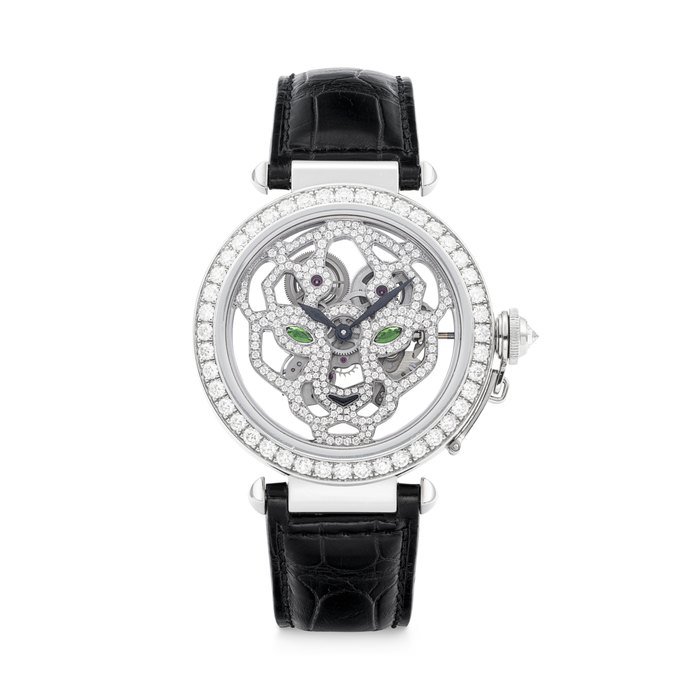Cartier CARTIER. AN 18K WHITE GOLD, DIAMOND AND GREEN GEMSTONE-SET SKELETONISED WRISTWATCH PASHA DE CARTIER MODEL, REF. HP100365, CASE NO. 159, CIRCA 2012