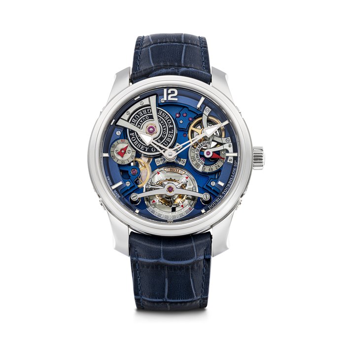 Greubel Forsey GREUBEL FORSEY. A VERY RARE AND EXCEPTIONAL SEMI-SKELETONISED LIMITED EDITION TITANIUM WRISTWATCH WITH INCLINED DOUBLE TOURBILLON AND FIVE-DAY POWER RESERVE DOUBLE TOURBILLON 30° TECHNIQUE BLUE MODEL, CASE NO. 1⁄11 AND 01 957, CIRCA 2019, Price & Market Data