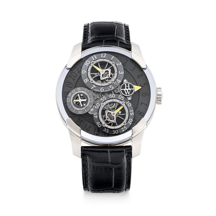HARRY WINSTON & JEAN-FRANCOIS MOJON. A RARE 18K WHITE GOLD LIMITED EDITION SEMI-SKELETONISED DUAL TIME WIRSTWATCH WITH POWER RESERVE OPUS X MODEL, REF. 500/MMJFMW, CASE NO. 82⁄100 AND 047654