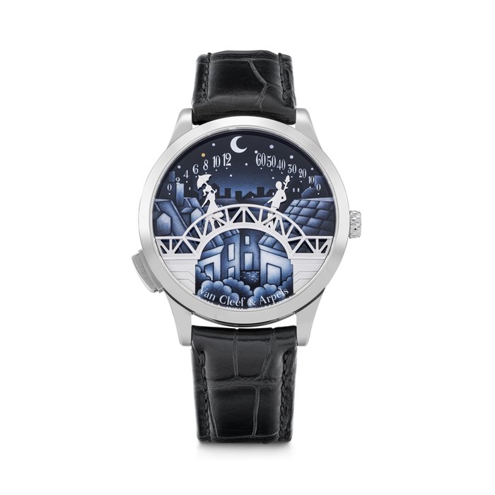 VAN CLEEF & ARPELS. A RARE, ATTRACTIVE AND COMPLICATED 18K WHITE GOLD AUTOMATIC AUTOMATON DOUBLE RETROGRADE WRISTWATCH WITH ENAMEL DIAL POETIC COMPLICATIONS MIDNIGHT PONT DES AMOUREUX MODEL, REF. VCARO90000, CASE NO. 43, HH129511 AND 3'831'256, CIRCA 2023