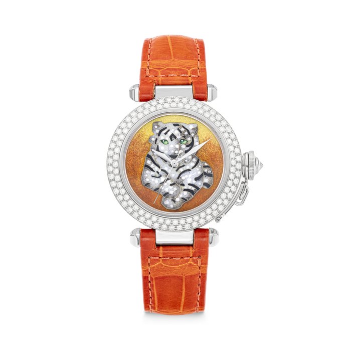CARTIER. A RARE AND ATTRACTIVE 18K WHITE GOLD AND DIAMOND-SET LIMITED EDITION AUTOMATIC WRISTWATCH WITH SWEEP CENTRE SECONDS AND ENAMEL DIAL CASE NO. 2⁄20 AND 334233MG