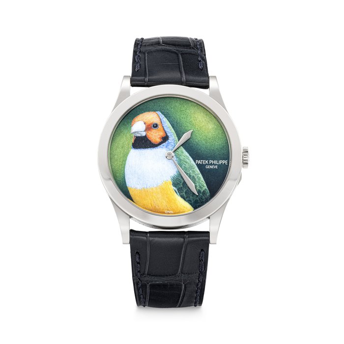 PATEK PHILIPPE. AN IMPRESSIVE AND RARE 18K WHITE GOLD AUTOMATIC WRISTWATCH WITH CLOISONNÉ ENAMEL DIAL DEPICTING A GOULDIAN FINCH REF. 5089G-045, MOVEMENT NO. 5'929'751, CASE NO. 6'014'929