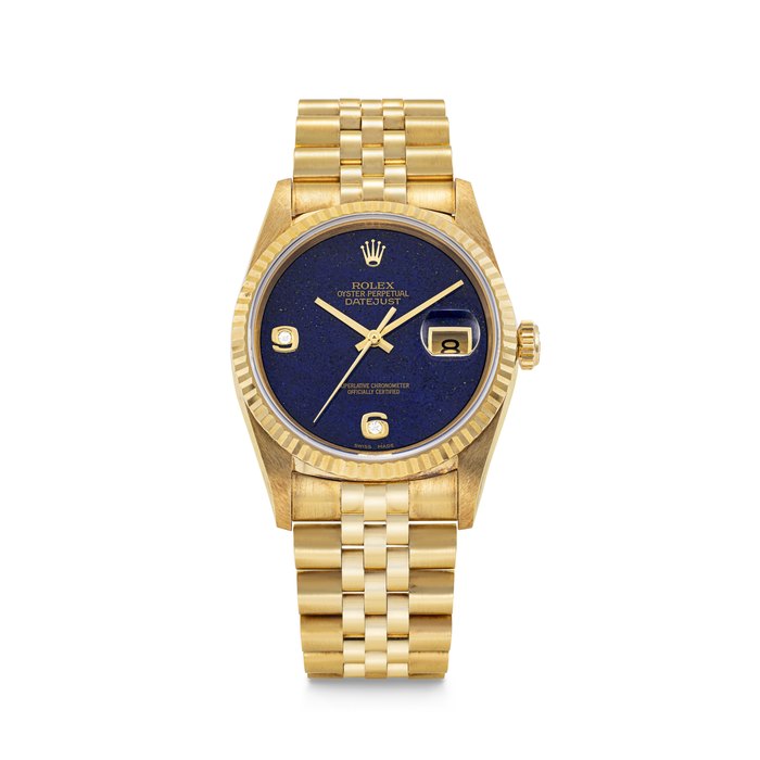 ROLEX. AN 18K GOLD AUTOMATIC BRACELET WATCH WITH SWEEP CENTRE SECONDS, DATE AND LAPIS LAZULI AND DIAMOND-SET DIAL DATEJUST MODEL, REF. 16238, CASE NO. T166721