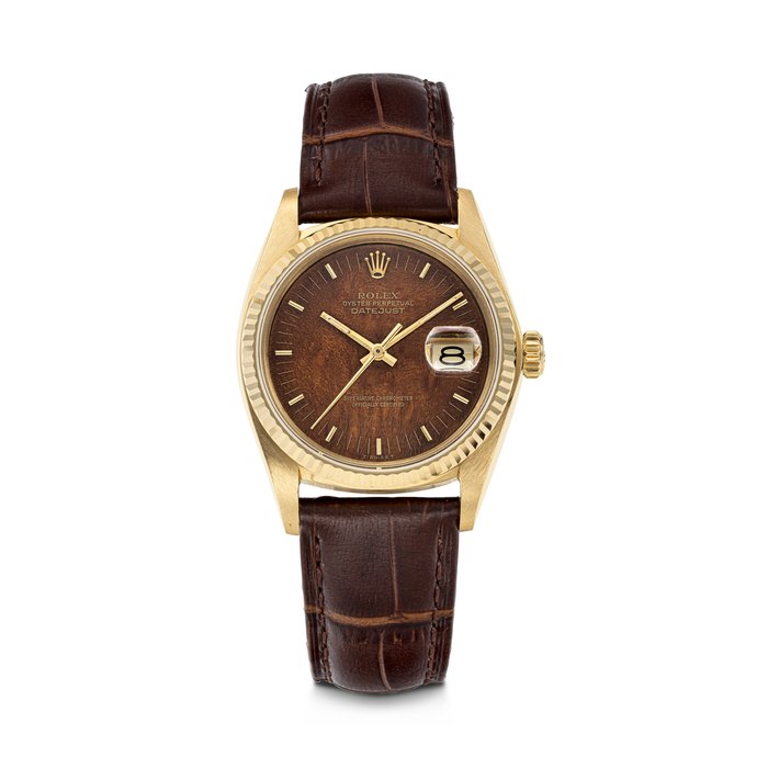 ROLEX. AN RARE 18K GOLD AUTOMATIC WRISTWATCH WITH SWEEP CENTRE SECONDS, DATE AND WOOD DIAL DATEJUST MODEL, REF. 16018, CASE NO. 8'234'538, CIRCA 1985