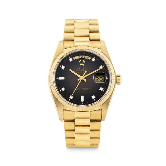 ROLEX. AN 18K GOLD AUTOMATIC BRACELET WATCH WITH SWEEP CENTRE SECONDS, DAY, DATE, GRADIENT BROWN AND DIAMOND-SET DIAL DAY-DATE MODEL, REF. 18038, CASE NO. 5'951'149
