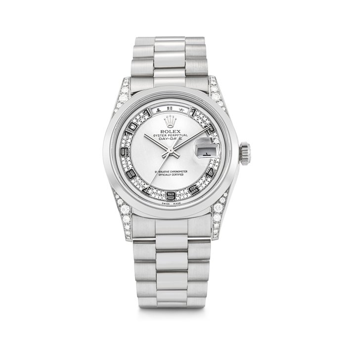 ROLEX. AN ATTRACTIVE PLATINUM AND DIAMOND-SET AUTOMATIC BRACELET WATCH WITH SWEEP CENTRE SECONDS, CHINESE DAY AND DATE DAY-DATE MODEL, REF. 18296, CASE NO. A626762