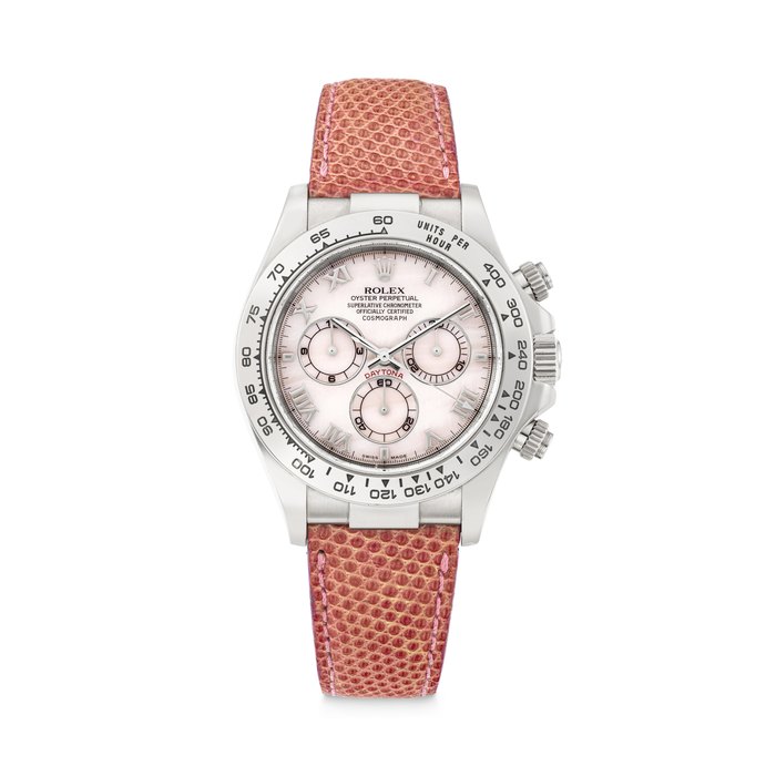 ROLEX. AN ATTRACTIVE 18K WHITE GOLD AUTOMATIC CHRONOGRAPH WRISTWATCH WITH PINK MOTHER-OF-PEARL DIAL DAYTONA “BEACH” MODEL, REF. 116519, CASE NO. P455367