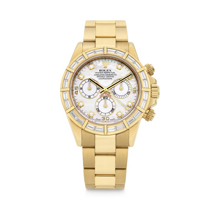 Rolex ROLEX. A RARE 18K GOLD AND BAGUETTE-CUT DIAMOND-SET AUTOMATIC CHRONOGRAPH WRISTWATCH WITH BRACELET AND MOTHER-OF-PEARL DIAL DAYTONA MODEL, REF. 116568BR, CASE NO. Z469773, Price & Market Data