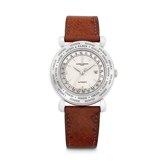 Vacheron Constantin VACHERON CONSTANTIN. A RARE 18K WHITE GOLD LIMITED EDITION AUTOMATIC WORLD TIME WRISTWATCH WITH SWEEP CENTRE SECONDS, 24 HOUR INDICATION AND DATE EVASION MODEL, REF. 48250, CASE NO. 739’858 AND 25⁄100, CIRCA 2001