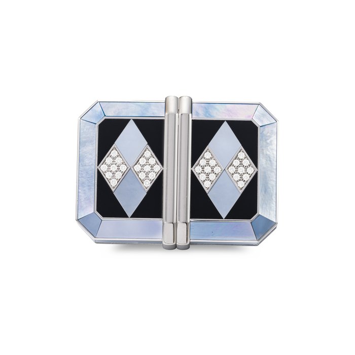 PIAGET. AN 18K WHITE GOLD, MOTHER-OF-PEARL AND DIAMOND-SET DESK CLOCK WITH ALARM REF. G0A25152, CASE NO. 17'011 AND 838'518, MANUFACTURED IN 2000