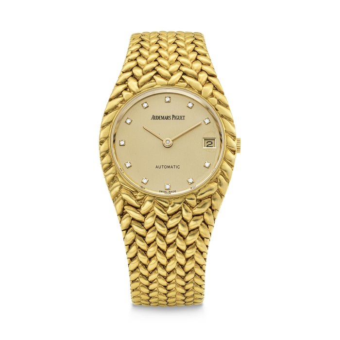 AUDEMARS PIGUET. AN 18K GOLD AND DIAMOND-SET AUTOMATIC BRACELET WATCH WITH DATE REF. 14818 BA, CASE NO. D34863, SOLD IN 1994