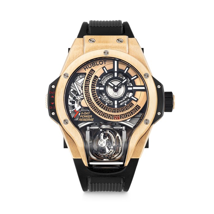 HUBLOT. A RARE 18K PINK GOLD AND TITANIUM LIMITED EDITION SKELETONISED BI-AXIAL TOURBILLON WRISTWATCH WITH 5-DAY POWER RESERVE AND DATE BIG BANG MP-09 MODEL, CASE NO. 1'293'234 AND 13⁄20, CIRCA 2018