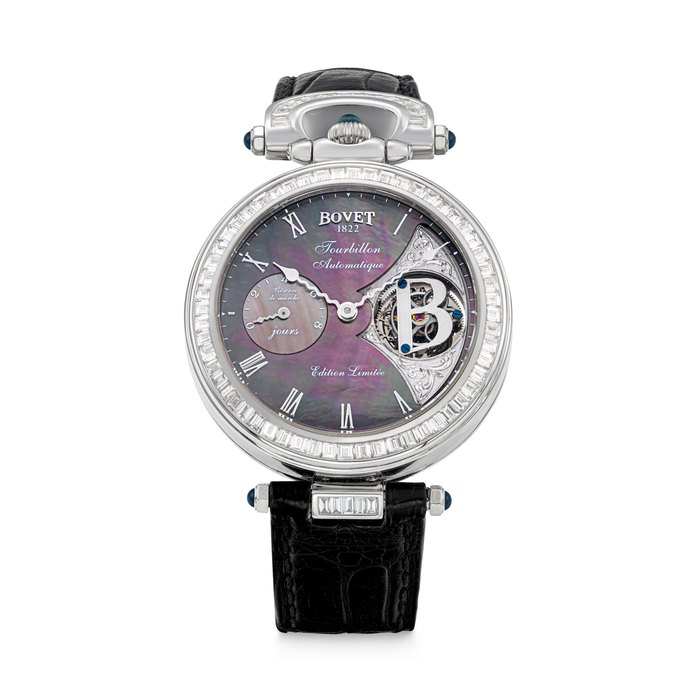 BOVET. A RARE 18K WHITE GOLD AND BAGUETTE-CUT DIAMOND-SET TOURBILLON WRISTWATCH WITH POWER RESERVE AND MOTHER-OF-PEARL DIAL FLEURIER MODEL, CASE NO. 008196 AND 8⁄59