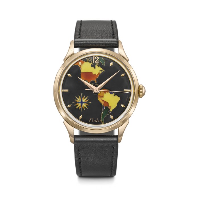 ESKA. A RARE AND HIGHLY DESIRABLE 18K PINK GOLD AUTOMATIC WRISTWATCH WITH SWEEP CENTRE SECONDS AND CLOISONNÉ ENAMEL DIAL DEPICTING THE AMERICAS CASE NO. 126'003, CIRCA 1950