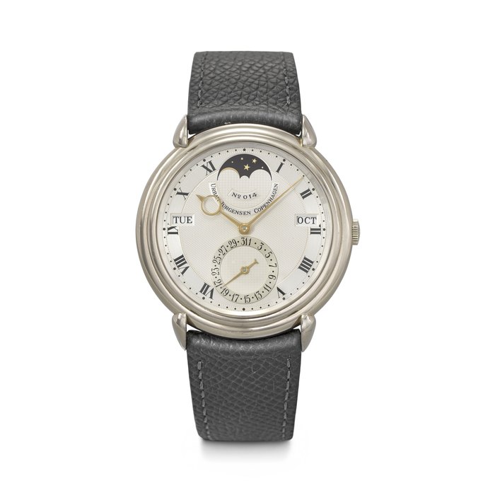 URBAN JÜRGENSEN. A VERY RARE AND HIGHLY COVETED 18K WHITE GOLD AUTOMATIC PERPETUAL CALENDAR WRISTWATCH WITH MOON PHASES REF. 2, CASE NO. 4'314, NO. 014, CIRCA 1990