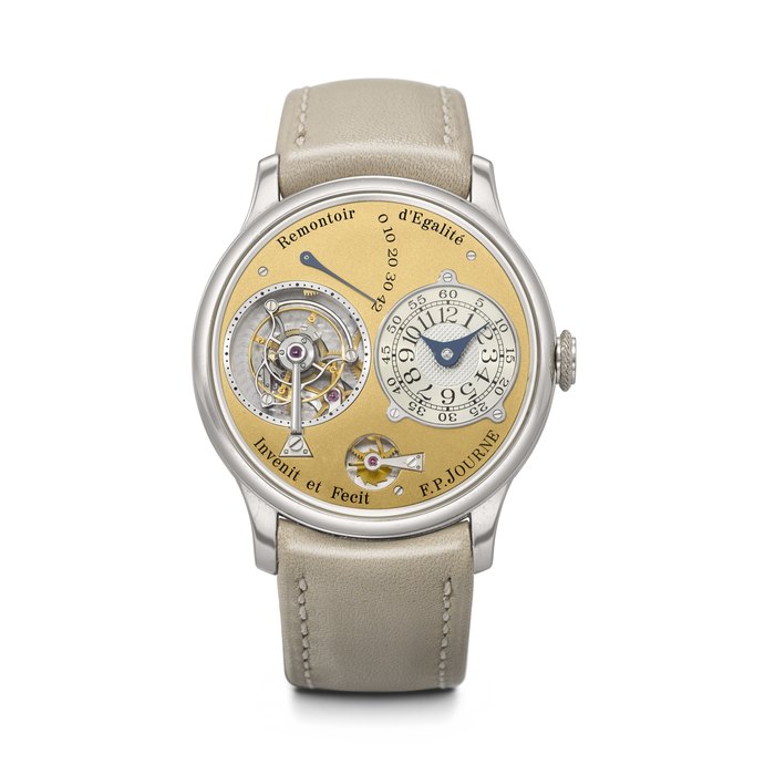 F.P. JOURNE. AN EXTREMELY RARE, EARLY AND IMPORTANT PLATINUM TOURBILLON WRISTWATCH WITH POWER RESERVE INDICATION, REMONTOIR D’EGALITE AND BRASS MOVEMENT TOURBILLON SOUVERAIN MODEL, REF. T, NO. 070/01T, CIRCA 2000