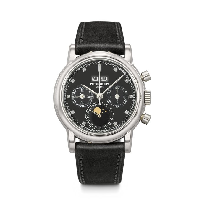 PATEK PHILIPPE. A RARE AND HIGHLY ELEGANT PLATINUM AND DIAMOND-SET PERPETUAL CALENDAR CHRONOGRAPH WRISTWATCH WITH MOON PHASES, 24-HOUR AND LEAP YEAR INDICATION REF. 3970EP, MOVEMENT NO. 3'045'218, CASE NO. 2'953'465, MANUFACTURED IN 1995