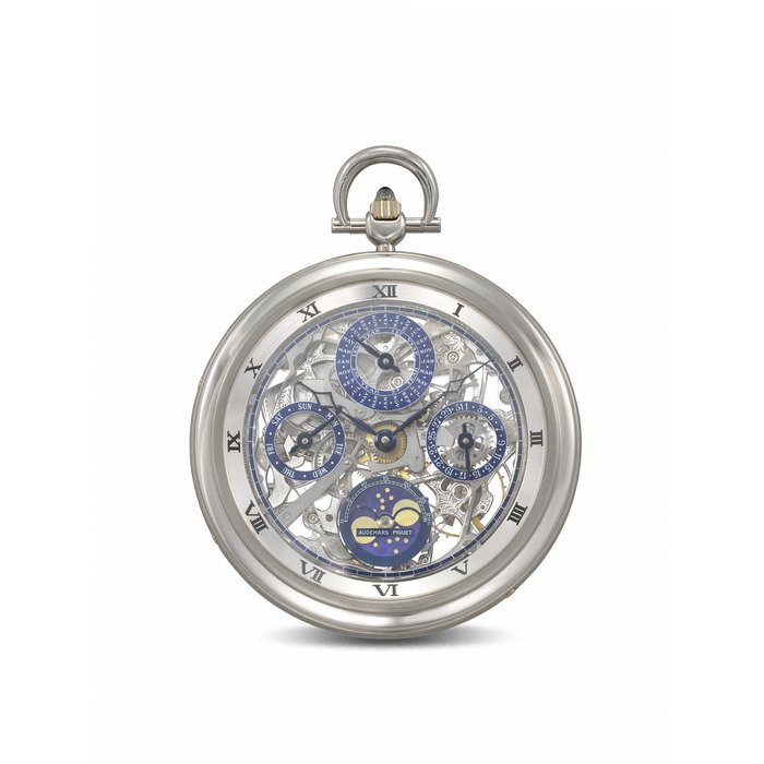 AUDEMARS PIGUET. A VERY RARE AND ATTRACTIVE PLATINUM SKELETONIZED OPENFACE PERPETUAL CALENDAR KEYLESS LEVER WATCH WITH MOON PHASES AND LEAP YEAR INDICATION REF. 25684PT, CASE NO. C34671, NO. 007, CIRCA 2000