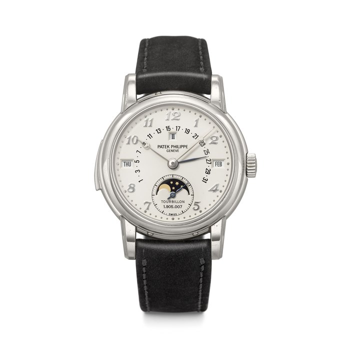 PATEK PHILIPPE. A VERY RARE AND HIGHLY IMPORTANT PLATINUM MINUTE REPEATING PERPETUAL CALENDAR TOURBILLON WRISTWATCH WITH RETROGRADE DATE, MOON PHASES, LEAP YEAR INDICATION, BREGUET NUMERALS AND JEAN-PIERRE HAGMANN CASE REF. 5016P-010, MOVEMENT NO. 1'905'007, CASE NO. 2'947'075, CIRCA 1994