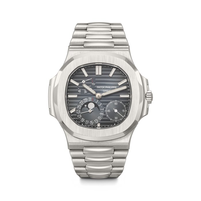 PATEK PHILIPPE. AN ATTRACTIVE AND COVETED STAINLESS STEEL AUTOMATIC WRISTWATCH WITH DATE, MOON PHASES, POWER RESERVE INDICATION AND BRACELET NAUTILUS MODEL, REF. 5712/1A-001, MOVEMENT NO. 7'264'053, CASE NO. 6'349'020, CIRCA 2019
