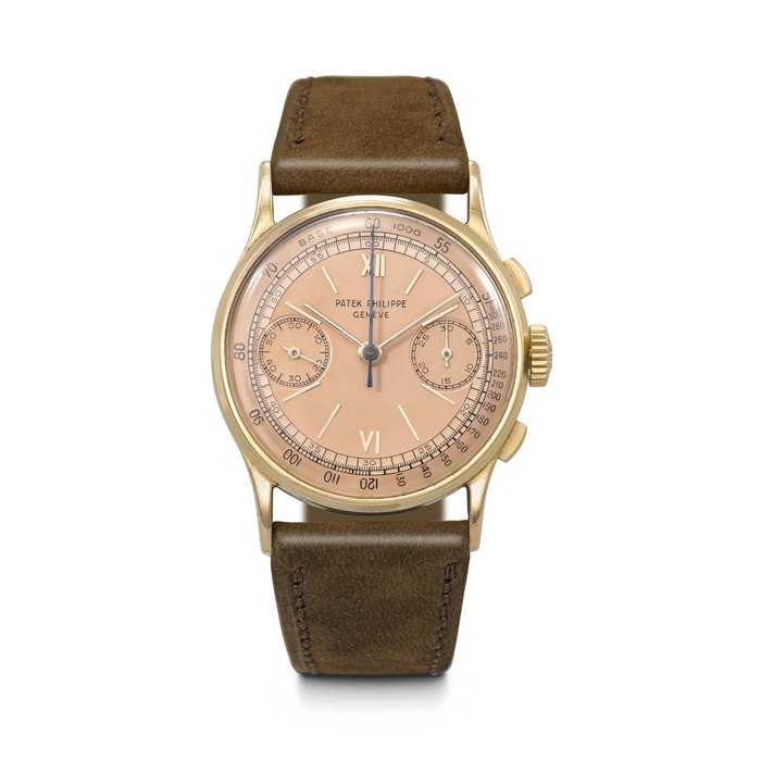 PATEK PHILIPPE. A VERY RARE AND HIGHLY ATTRACTIVE 18K PINK GOLD CHRONOGRAPH WRISTWATCH WITH PINK DIAL REF. 130, MOVEMENT NO. 869'086, CASE NO. 619'117, MANUFACTURED IN 1962
