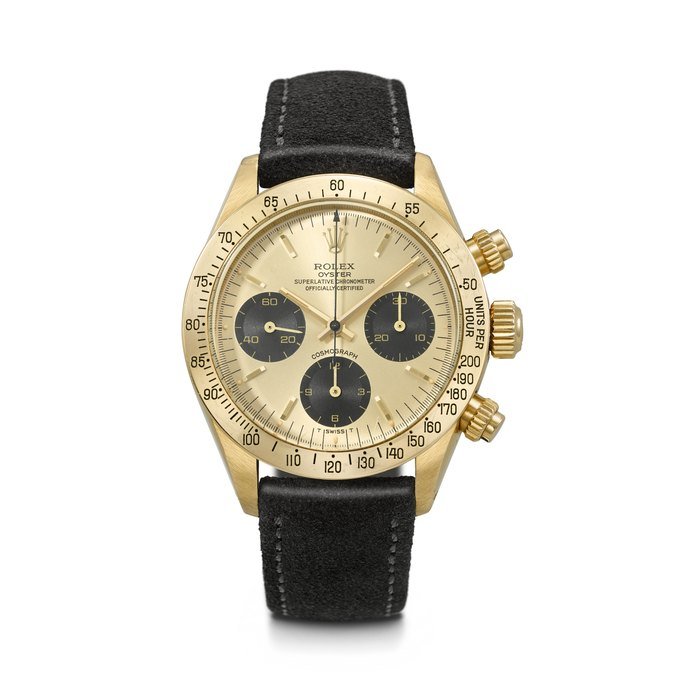 Rolex ROLEX. A RARE AND ATTRACTIVE 18K GOLD CHRONOGRAPH WRISTWATCH DAYTONA MODEL, REF. 6265, CASE NO. 6'127'634, CIRCA 1979 · 6265