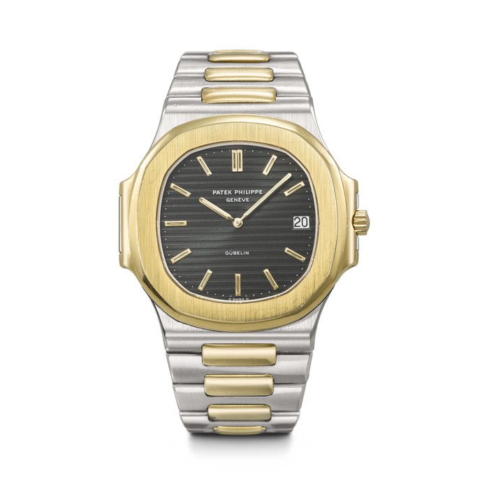 PATEK PHILIPPE. A VERY RARE AND ATTRACTIVE 18K GOLD AND STAINLESS STEEL AUTOMATIC WRISTWATCH WITH DATE AND BRACELET RETAILED BY GÜBELIN, NAUTILUS MODEL, REF. 3700/1JA, MOVEMENT NO. 1'309'941, CASE NO. 541'558, MANUFACTURED IN 1981