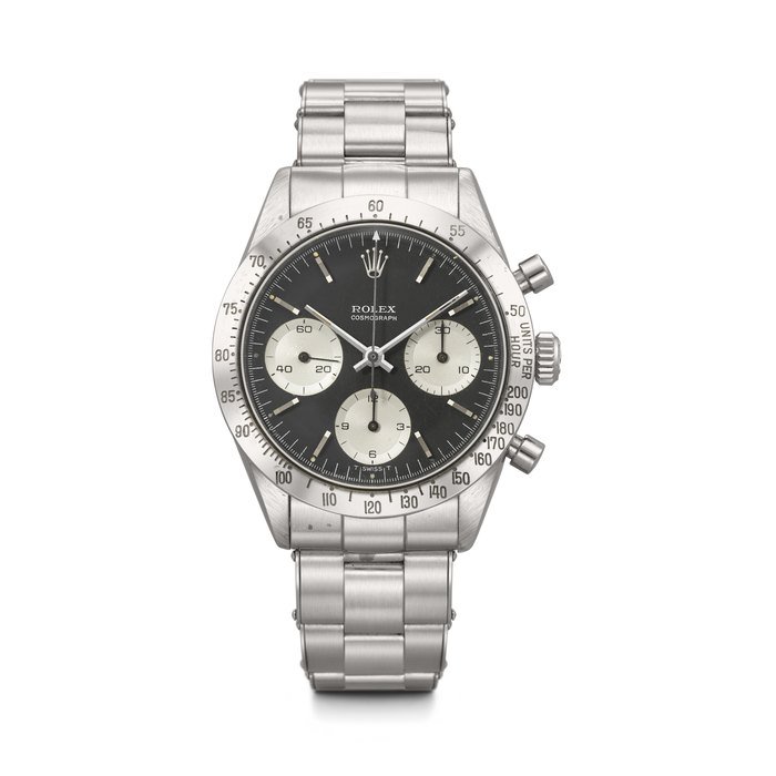Rolex ROLEX. A COVETED AND ATTRACTIVE STAINLESS STEEL CHRONOGRAPH WRISTWATCH WITH BRACELET DAYTONA MODEL, REF. 6239, CASE. 1'193'373, CIRCA 1965 · 6239