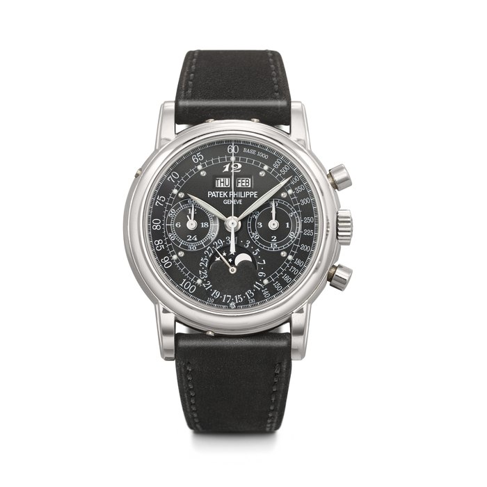 PATEK PHILIPPE. A POSSIBLY UNIQUE AND IMPORTANT PLATINUM PERPETUAL CALENDAR CHRONOGRAPH WRISTWATCH WITH MOON PHASES, 24-HOUR, LEAP YEAR INDICATION AND BLACK MONOGRAM DIAL WITH TACHYMETER SCALE, MADE FOR MICHAEL STEVEN OVITZ REF. 3970EP-047 'MICHAEL STEVEN OVITZ', MOVEMENT NO. 3'049'164, CASE NO. 4'279'378, MANUFACTURED IN 2008