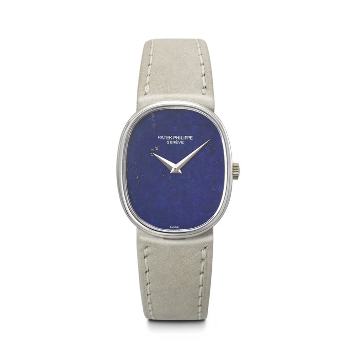 PATEK PHILIPPE. A RARE AND HIGHLY ATTRACTIVE 18K WHITE GOLD OVAL WRISTWATCH WITH LAPIS LAZULI DIAL ELLIPSE MODEL, REF. 3848⁄900, MOVEMENT NO. 1'324'475, CASE NO. 534'376, MANUFACTURED IN 1976