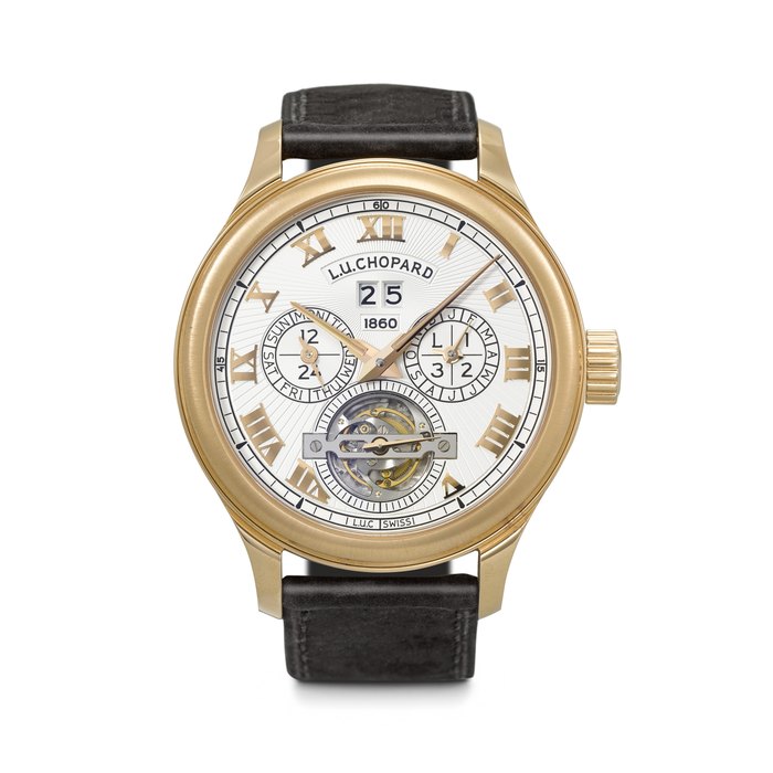 CHOPARD. AN EXCEPTIONAL AND IMPRESSIVE 18K PINK GOLD LIMITED EDITION PERPETUAL CALENDAR TOURBILLON WRISTWATCH WITH MOON PHASES, LEAP YEAR, 24-HOUR, POWER RESERVE, DAY/NIGHT, SUNSET/SUNRISE INDICATION AND EQUATION OF TIME L.U.C 150 'ALL IN ONE' MODEL, REF. 161925-5001, CASE NO. 1'577'082, NO. 5⁄15, CIRCA 2012