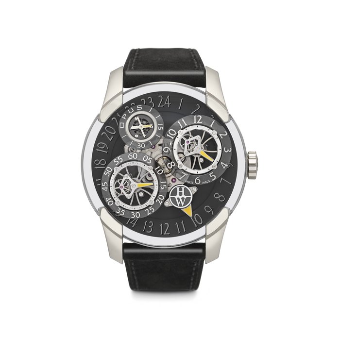 HARRY WINSTON & JEAN-FRANCOIS MOJON. A LARGE 18K WHITE GOLD LIMITED EDITION SEMI-SKELETONIZED DUAL TIME WRISTWATCH WITH 24-HOUR AND LINEAR POWER RESERVE INDICATION OPUS X MODEL, REF. 500/MMJFMW, CASE NO. 46'618, NO. 58⁄100, CIRCA 2011