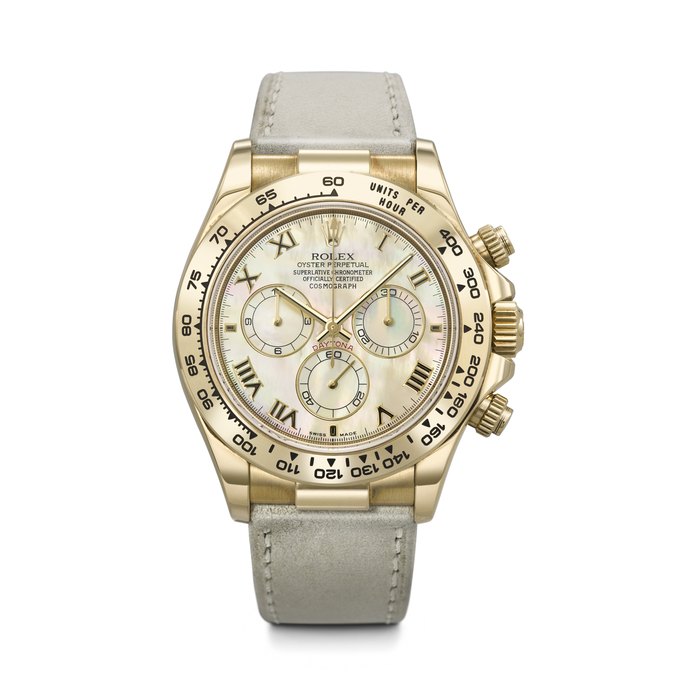ROLEX. A VIBRANT 18K GOLD AUTOMATIC CHRONOGRAPH WRISTWATCH WITH YELLOW MOTHER-OF-PEARL DIAL DAYTONA MODEL, REF. 116518, CASE NO. F535855, CIRCA 2004