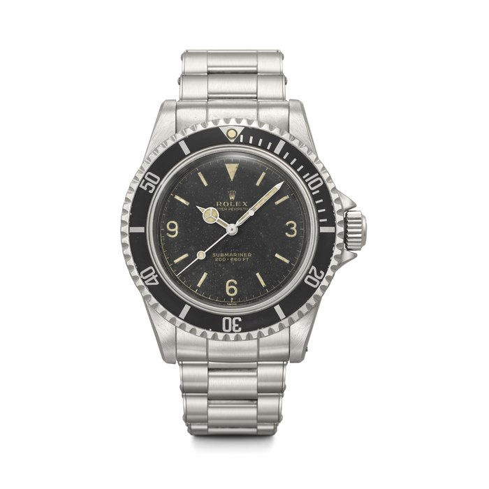 ROLEX. A VERY RARE AND EARLY STAINLESS STEEL AUTOMATIC WRISTWATCH WITH SWEEP CENTRE SECONDS, POINTED CROWN GUARDS, 'EXCLAMATION MARK EXPLORER' DIAL AND BRACELET SUBMARINER MODEL, REF. 5512, CASE NO. 693'277, CIRCA 1961