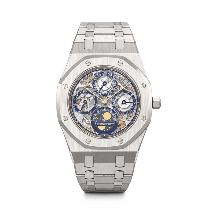 AUDEMARS PIGUET. A STUNNING LIMITED EDITION STAINLESS STEEL AUTOMATIC SKELETONIZED PERPETUAL CALENDAR WRISTWATCH WITH MOON PHASES AND BRACELET ROYAL OAK QUANTIEME PERPETUEL MODEL, REF. 25636ST, CASE NO. D 42059, NO. 39⁄40, CIRCA 1996