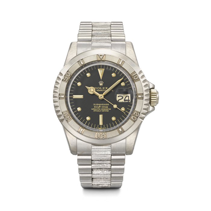 ROLEX. AN EXCEPTIONALLY RARE AND IMPORTANT PROTOTYPE 18K WHITE GOLD AUTOMATIC WRISTWATCH WITH SWEEP CENTRE SECONDS, DATE AND BRACELET SUBMARINER MODEL, REF. 1680, CASE UNNUMBERED, MOVEMENT NO. D612043, CIRCA 1977