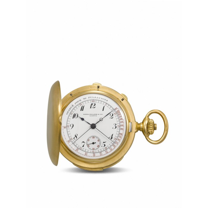 PATEK PHILIPPE. A POSSIBLY UNIQUE 18K GOLD MINUTE REPEATING HUNTING CASED KEYLESS LEVER CHRONOGRAPH WATCH WITH PULSOMETER DIAL AND BREGUET NUMERALS MOVEMENT NO. 156’508, CASE NO. 260’818, MANUFACTURED IN 1909