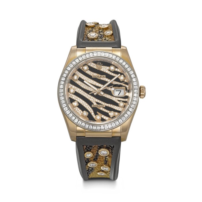 ROLEX. AN EXTRAVAGANT AND VERY UNUSUAL 18K PINK GOLD AND DIAMOND-SET AUTOMATIC WRISTWATCH WITH SWEEP CENTRE SECONDS AND DATE DATEJUST MODEL, REF. 116185BBR, CASE NO. V748229, CIRCA 2008