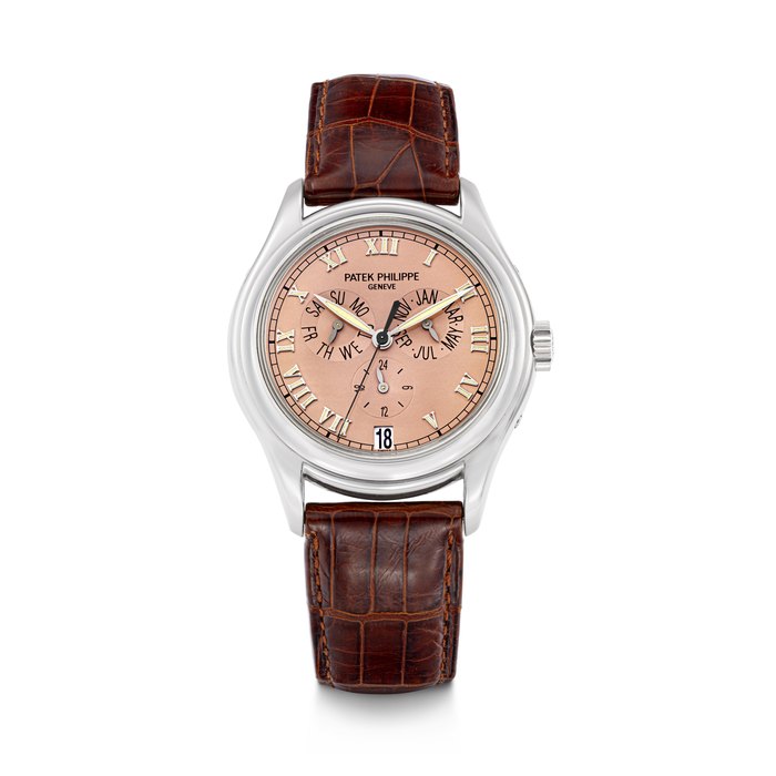 PATEK PHILIPPE. AN 18K WHITE GOLD AUTOMATIC ANNUAL CALENDAR WRISTWATCH WITH SWEEP CENTRE SECONDS AND 24 HOUR INDICATION REF. 5035G, MOVEMENT NO. 3'056'447 CASE NO. 4'019'137, MANUFACTURED IN 1997