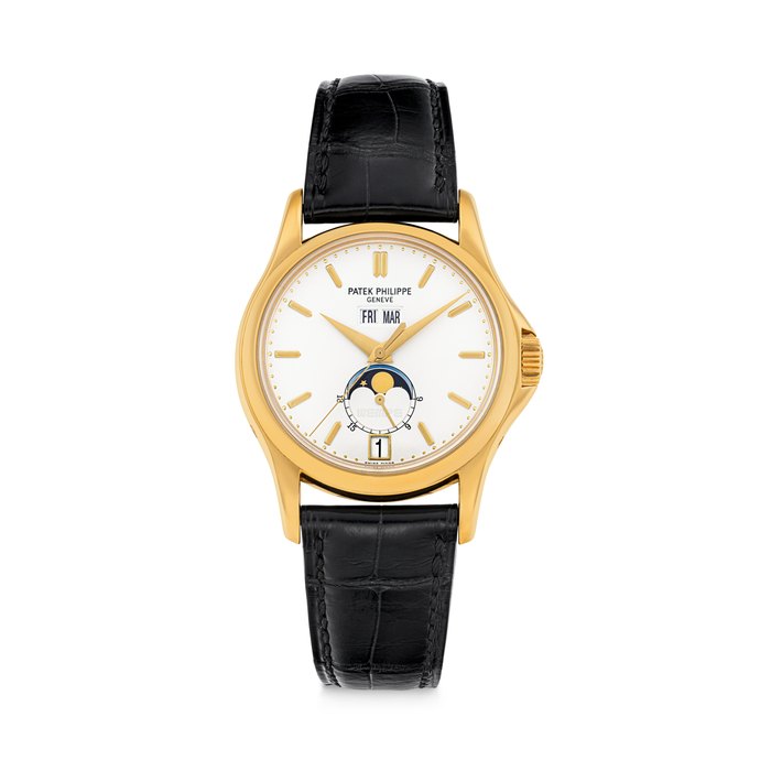 PATEK PHILIPPE. AN 18K GOLD LIMITED EDITION AUTOMATIC ANNUAL CALENDAR WRISTWATCH WITH SWEEP CENTRE SECONDS, MOON PHASES AND 24 HOURS INDICATION, MADE TO COMMEMORATE THE 125TH ANNIVERSARY OF WEMPE REF. 5125, MOVEMENT NO. 3'360'271, CASE NO. 4'213'561 AND 73⁄125, MANUFACTURED IN 2003