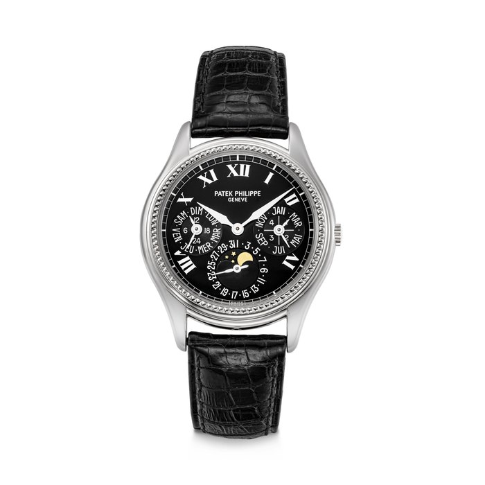 PATEK PHILIPPE. AN 18K WHITE GOLD LIMITED EDITION AUTOMATIC PERPETUAL CALENDAR WRISTWATCH WITH MOON PHASES, LEAP YEAR AND 24-HOUR INDICATION REF. 5038G, MOVEMENT NO. 776'186, CASE NO. 4'008'432, CIRCA 1997