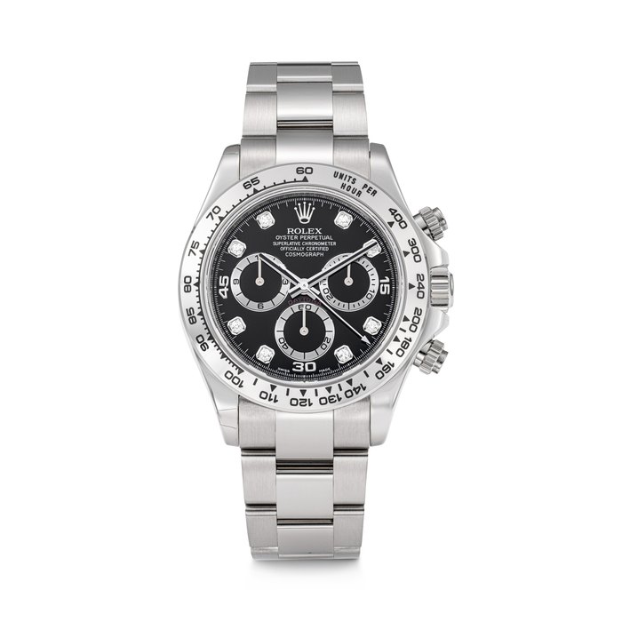 ROLEX. AN 18K WHITE GOLD AND DIAMOND-SET AUTOMATIC CHRONOGRAPH WRISTWATCH WITH BRACELET DAYTONA MODEL, REF. 116509, CASE NO. D193628