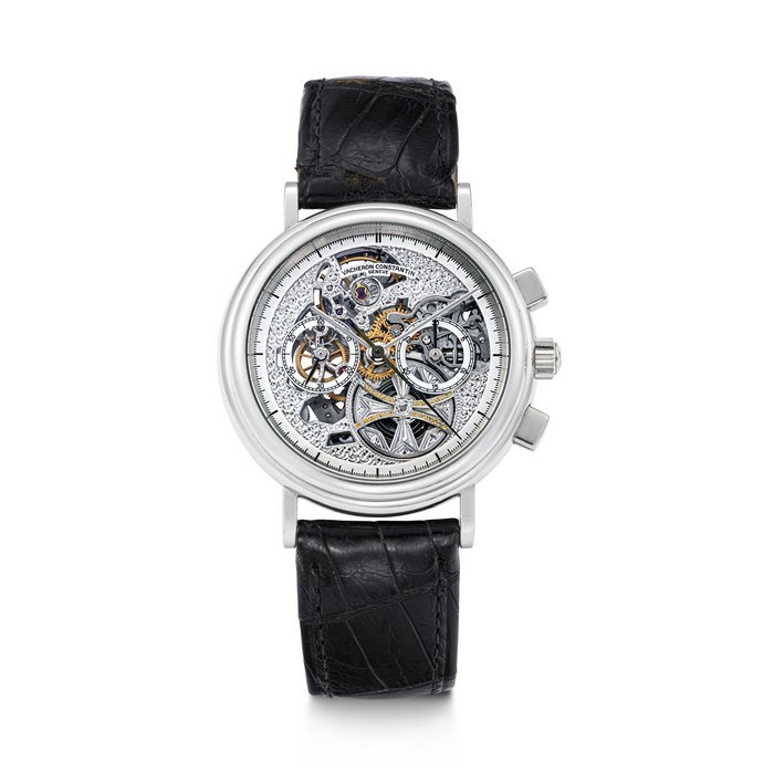 Vacheron Constantin VACHERON CONSTANTIN. A PLATINUM SKELETONISED CHRONOGRAPH WRISTWATCH LES COMPLICATIONS COLLECTION, REF. 47102/000P-3, MOVEMENT NO. 812561, CASE NO. 636308, MANUFACTURED IN 1992