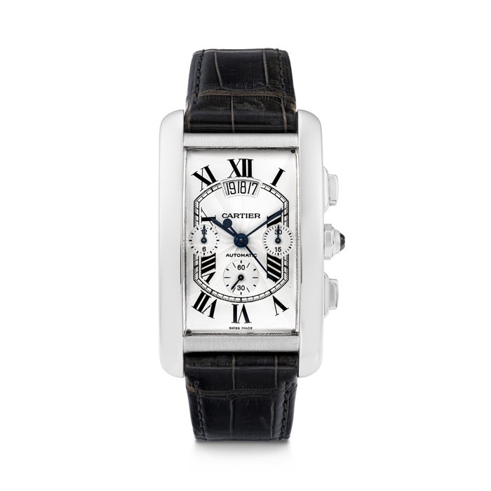 CARTIER. AN 18K WHITE GOLD RECTANGULAR AUTOMATIC CHRONOGRAPH WRISTWATCH WITH DATE TANK AMÉRICAINE MODEL, REF. 3073, CASE NO. 143096NX