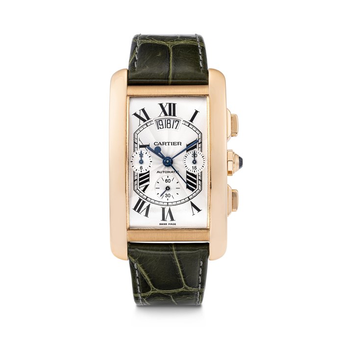 CARTIER. AN 18K PINK GOLD RECTANGULAR AUTOMATIC CHRONOGRAPH WRISTWATCH WITH DATE TANK AMÉRICAINE, REF. 3072, CASE NO. 139239NX