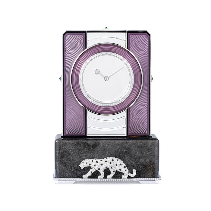 CARTIER. A MAGNIFICENT AND EXTREMELY RARE 18K WHITE GOLD AND DIAMOND-SET MYSTERY CLOCK WITH EMERALD, ENAMEL, ROCK CRYSTAL, ONYX AND OBSIDIAN CASE NO. 319ZX