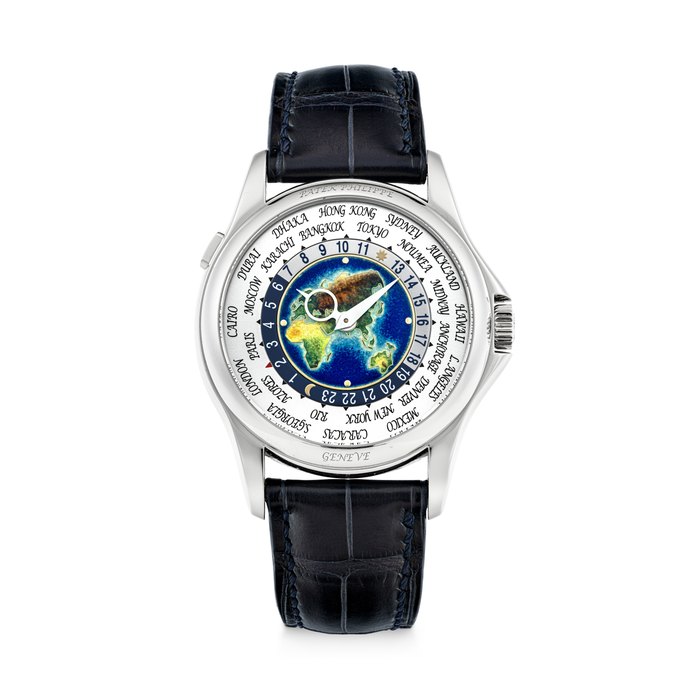 PATEK PHILIPPE. A RARE 18K WHITE GOLD AUTOMATIC WORLD TIME WRISTWATCH WITH CLOISONNÉ ENAMEL DIAL REF. 5131G-001, MOVEMENT NO. 5'615'448, CASE NO. 4'538'071, CIRCA 2011